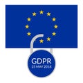 GDPR banner. General Data Protection Regulation symbol with EU flag and padlock.